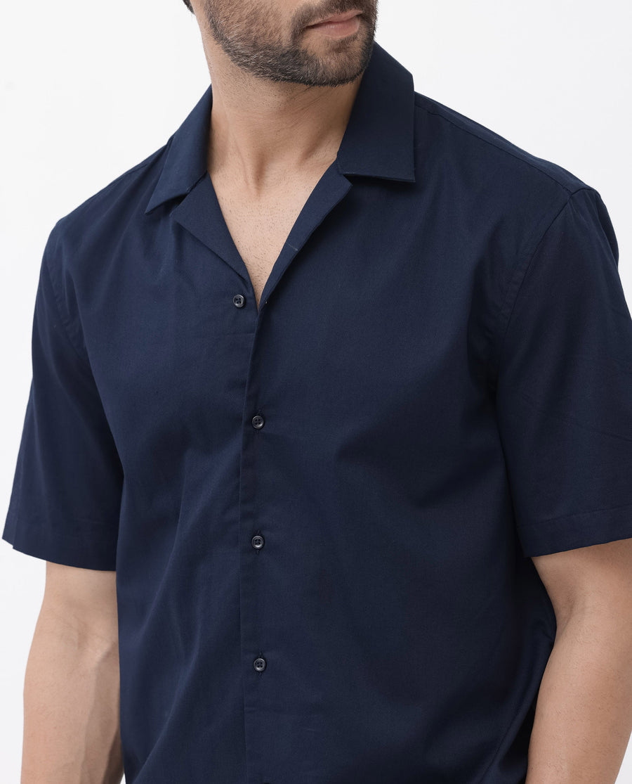 Rare Rabbit Men's Memop Ss Navy Tencel Plain Boxy Fit Half Sleeve Cuban Collar Shirt