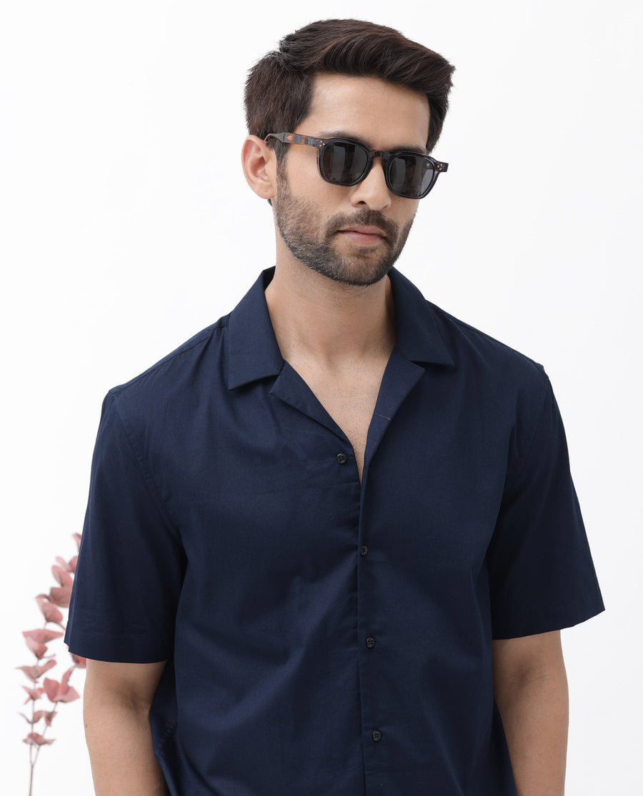 Rare Rabbit Men's Memop Ss Navy Tencel Plain Boxy Fit Half Sleeve Cuban Collar Shirt