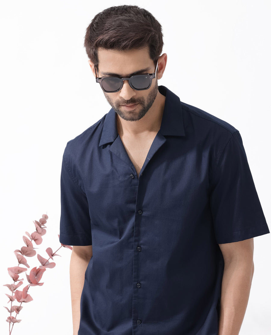 Rare Rabbit Men's Memop Ss Navy Tencel Plain Boxy Fit Half Sleeve Cuban Collar Shirt