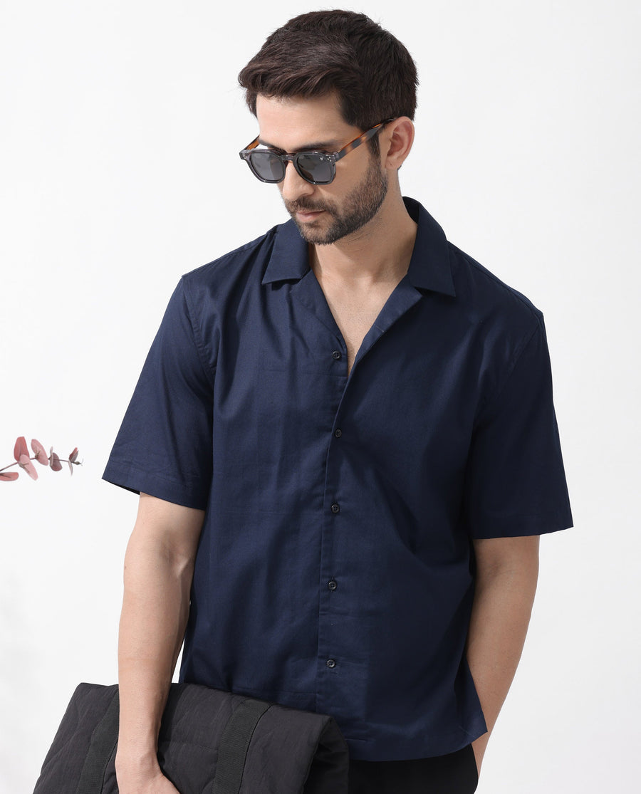Rare Rabbit Men's Memop Ss Navy Tencel Plain Boxy Fit Half Sleeve Cuban Collar Shirt