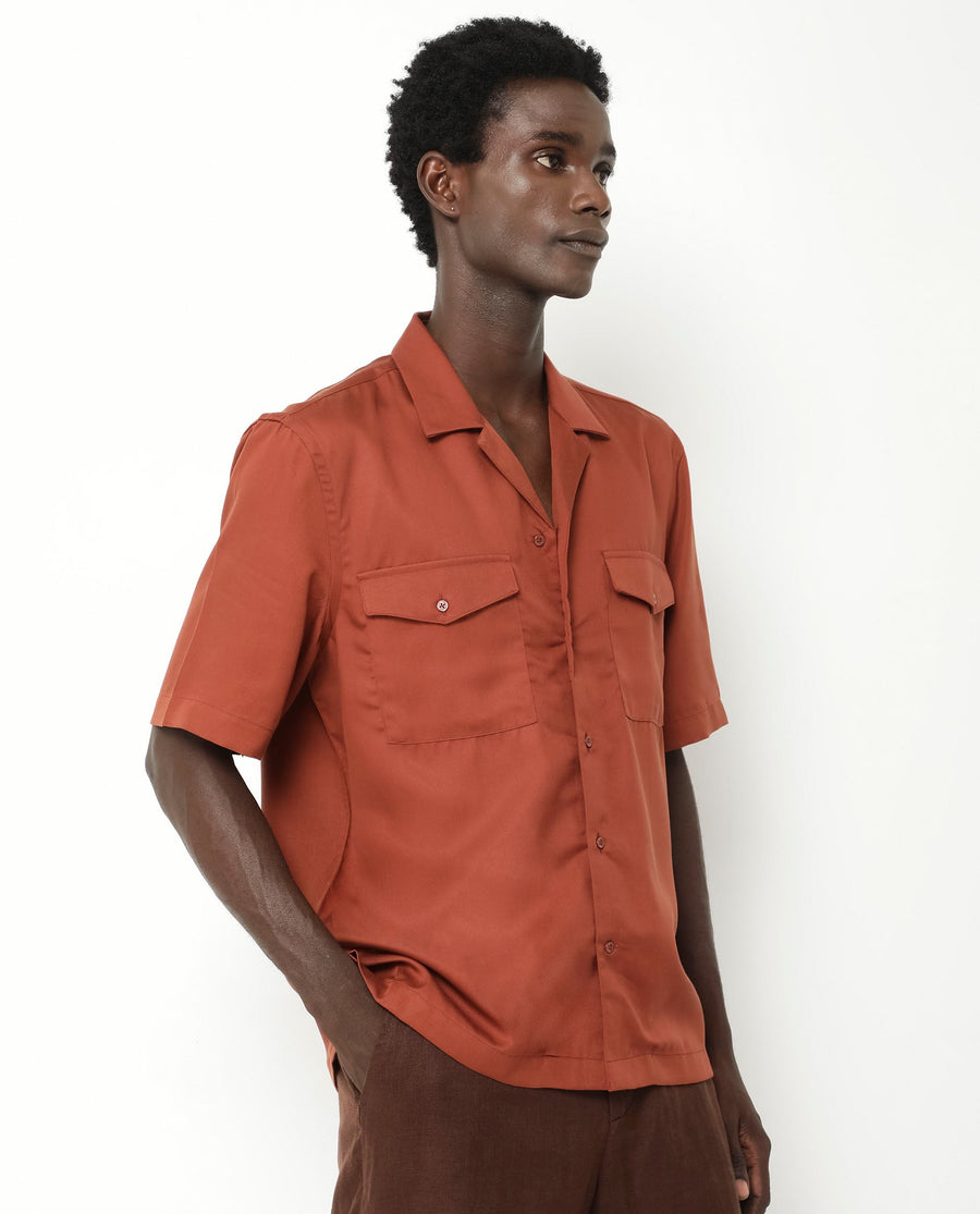 Rare Rabbit Men's Memop Ss Rust Tencel Plain Boxy Fit Half Sleeve Cuban Collar Shirt