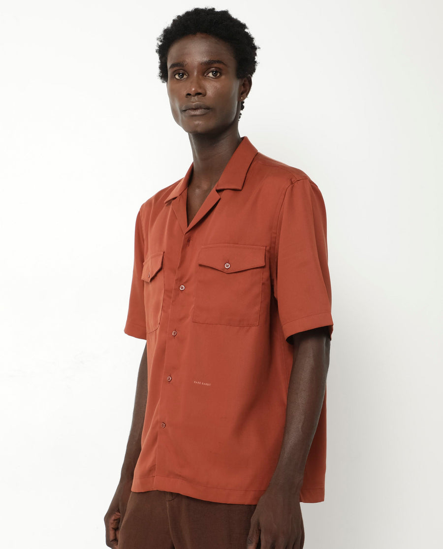 Rare Rabbit Men's Memop Ss Rust Tencel Plain Boxy Fit Half Sleeve Cuban Collar Shirt