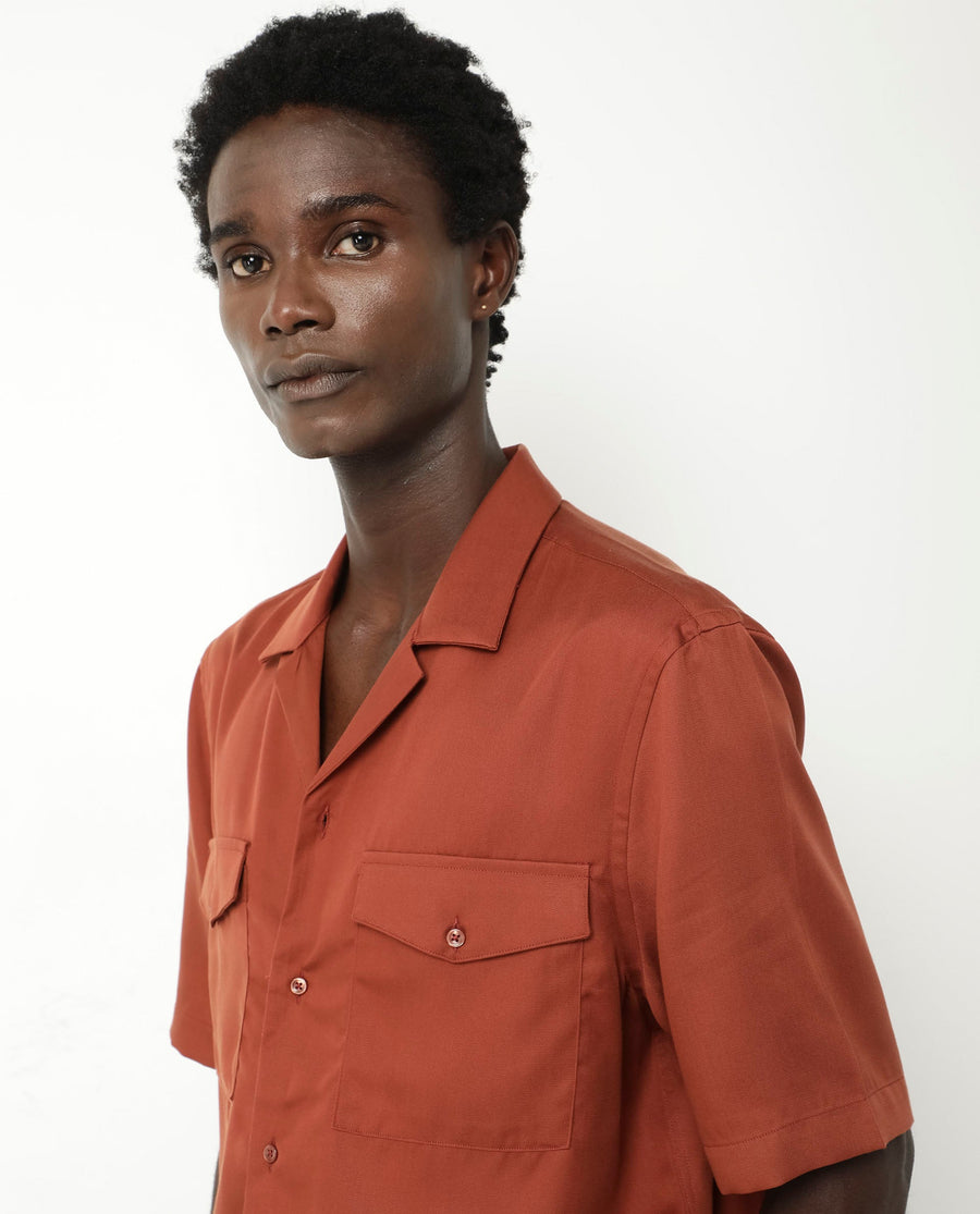 Rare Rabbit Men's Memop Ss Rust Tencel Plain Boxy Fit Half Sleeve Cuban Collar Shirt
