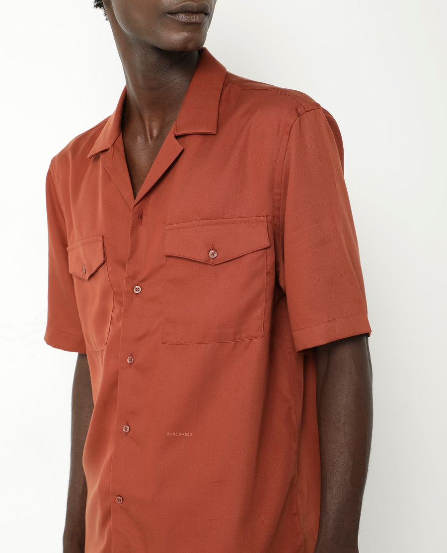 Rare Rabbit Men's Memop Ss Rust Tencel Plain Boxy Fit Half Sleeve Cuban Collar Shirt