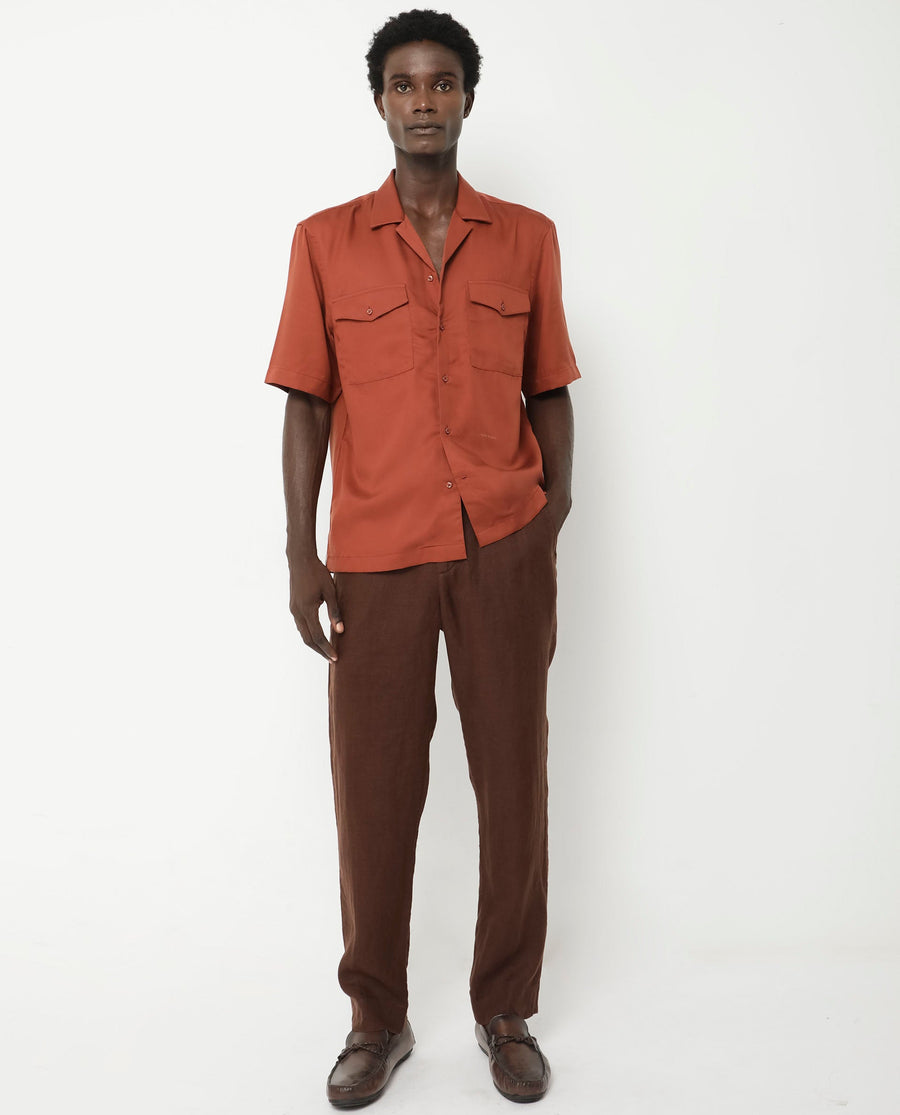 Rare Rabbit Men's Memop Ss Rust Tencel Plain Boxy Fit Half Sleeve Cuban Collar Shirt