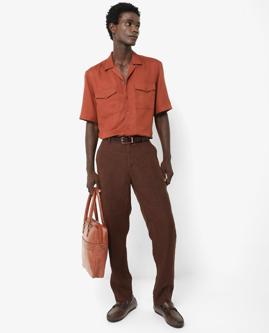 Rare Rabbit Men's Memop Ss Rust Tencel Plain Boxy Fit Half Sleeve Cuban Collar Shirt