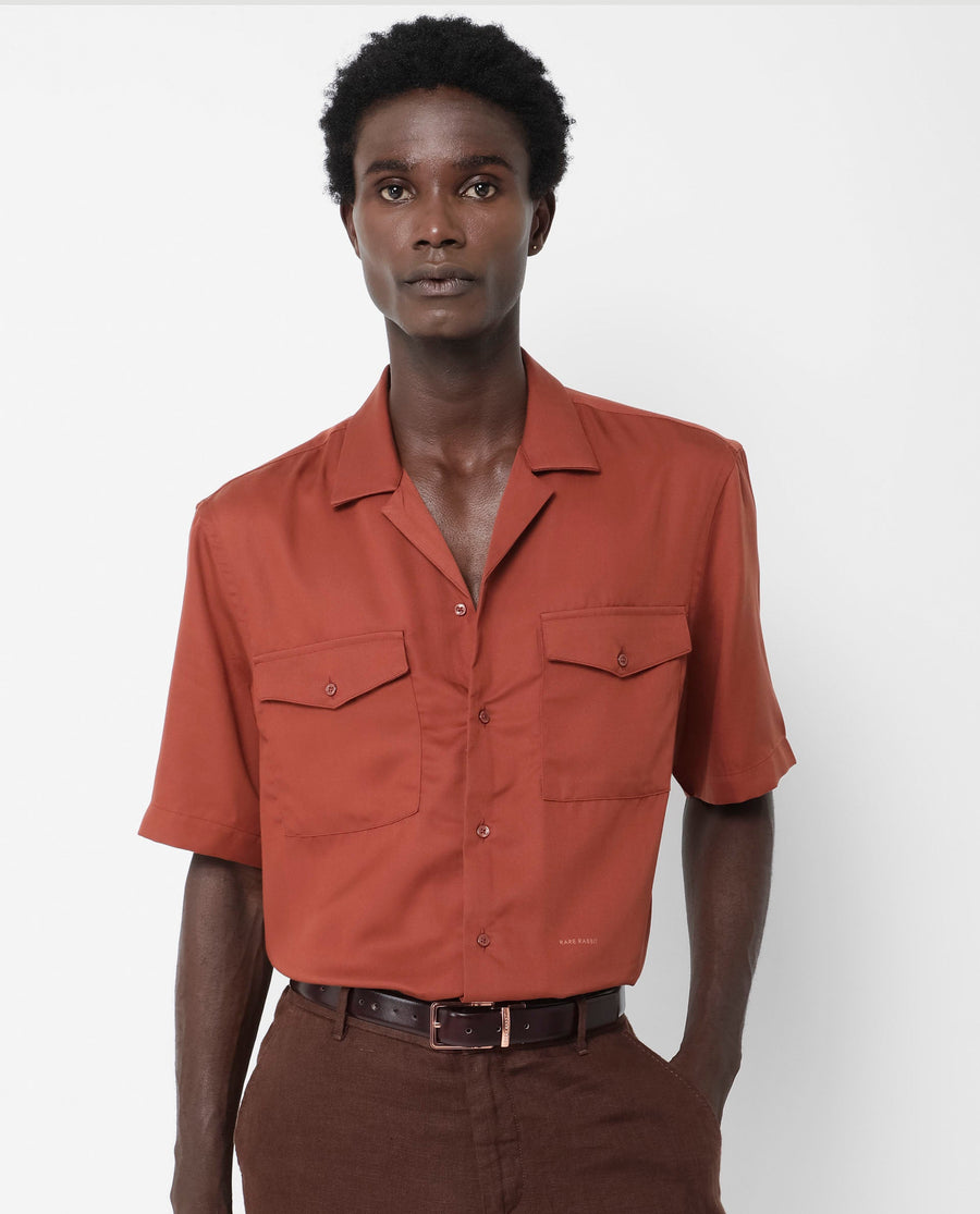 Rare Rabbit Men's Memop Ss Rust Tencel Plain Boxy Fit Half Sleeve Cuban Collar Shirt