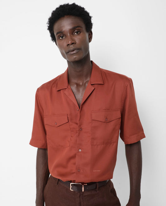 Rare Rabbit Men's Memop Ss Rust Tencel Plain Boxy Fit Half Sleeve Cuban Collar Shirt