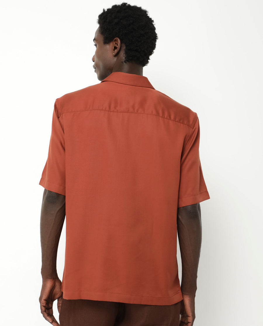 Rare Rabbit Men's Memop Ss Rust Tencel Plain Boxy Fit Half Sleeve Cuban Collar Shirt