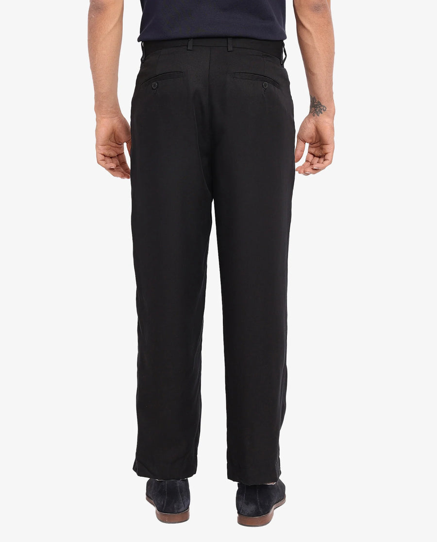 Rare Rabbit Men's Memos Black Tencel Plain Regular Fit Trouser