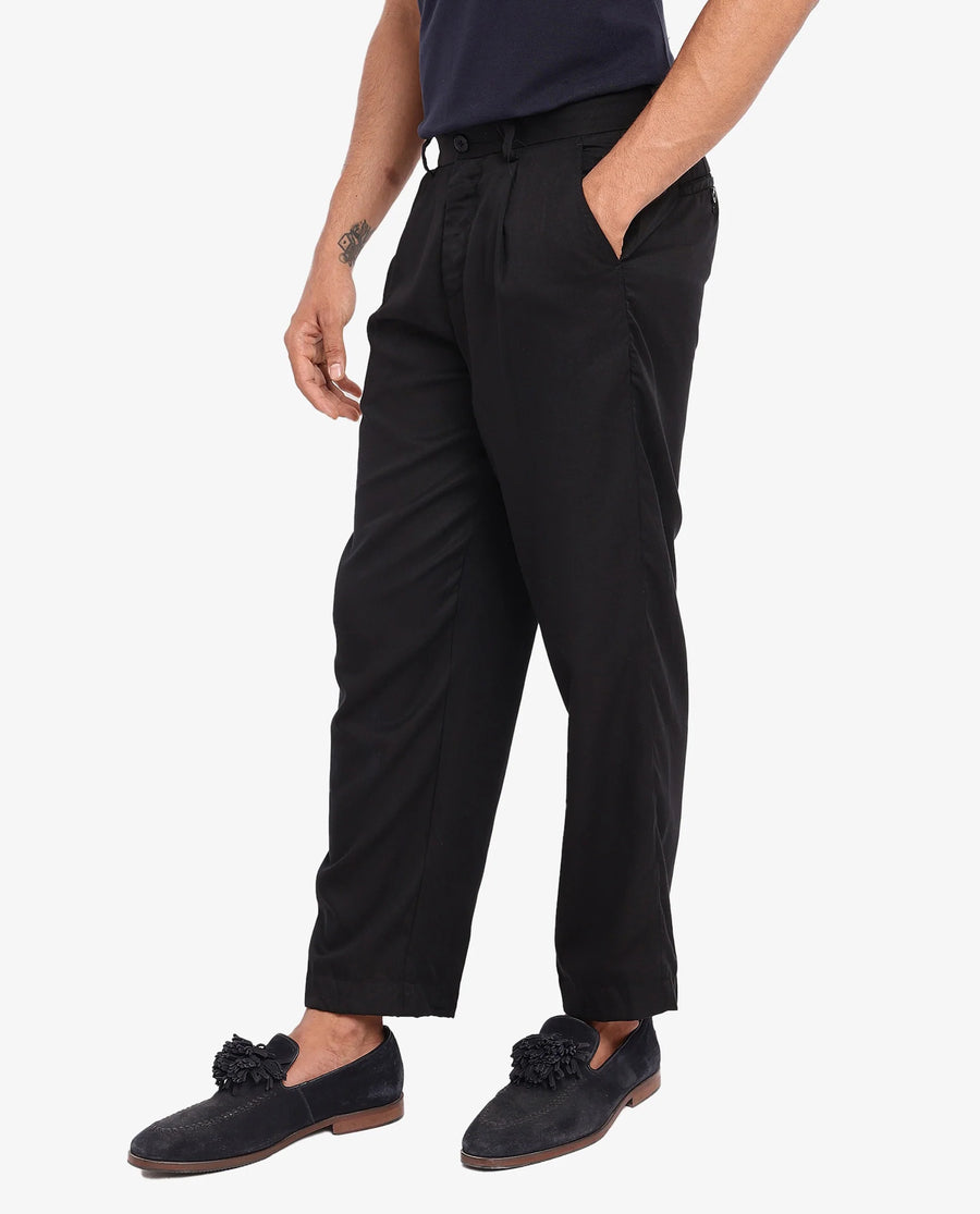 Rare Rabbit Men's Memos Black Tencel Plain Regular Fit Trouser