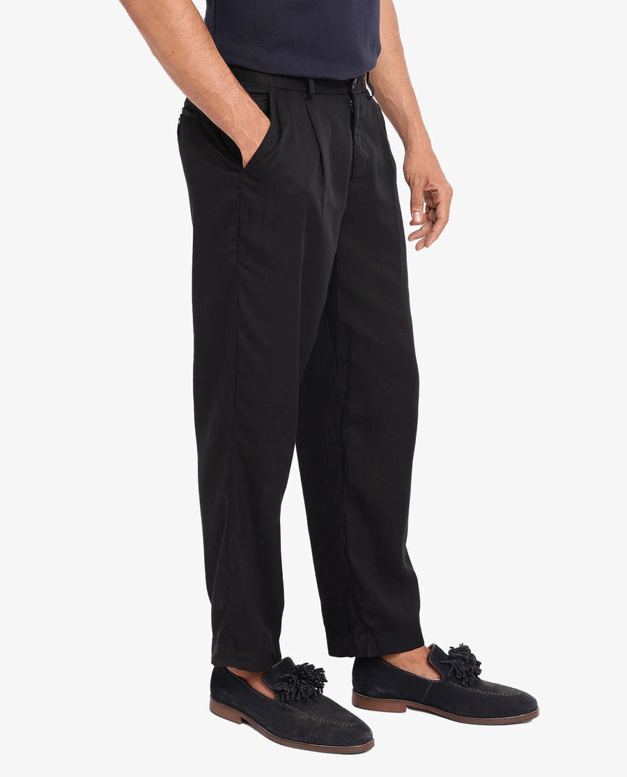 Rare Rabbit Men's Memos Black Tencel Plain Regular Fit Trouser