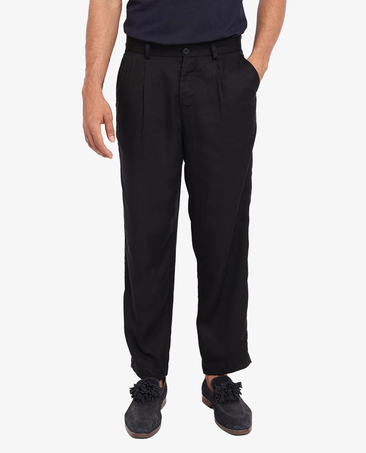 Rare Rabbit Men's Memos Black Tencel Plain Regular Fit Trouser