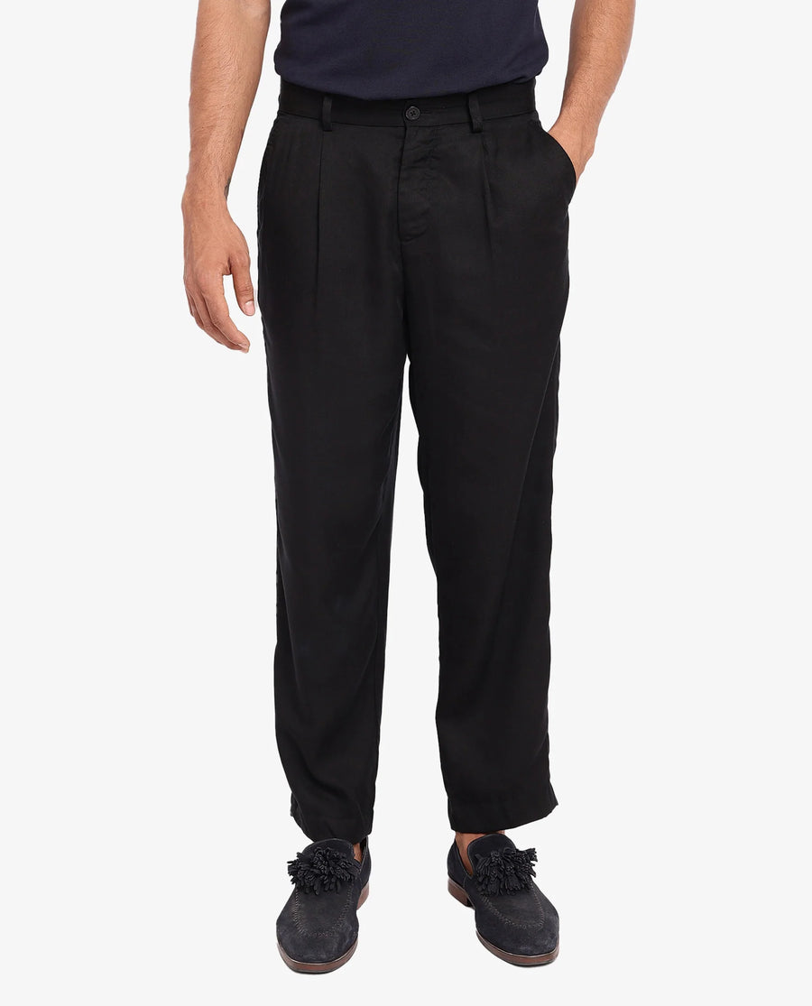 Rare Rabbit Men's Memos Black Tencel Plain Regular Fit Trouser
