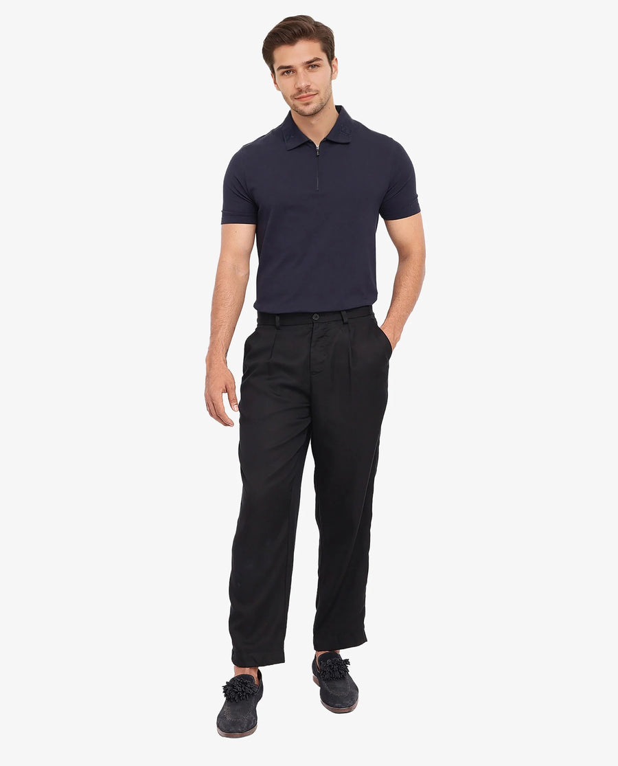 Rare Rabbit Men's Memos Black Tencel Plain Regular Fit Trouser