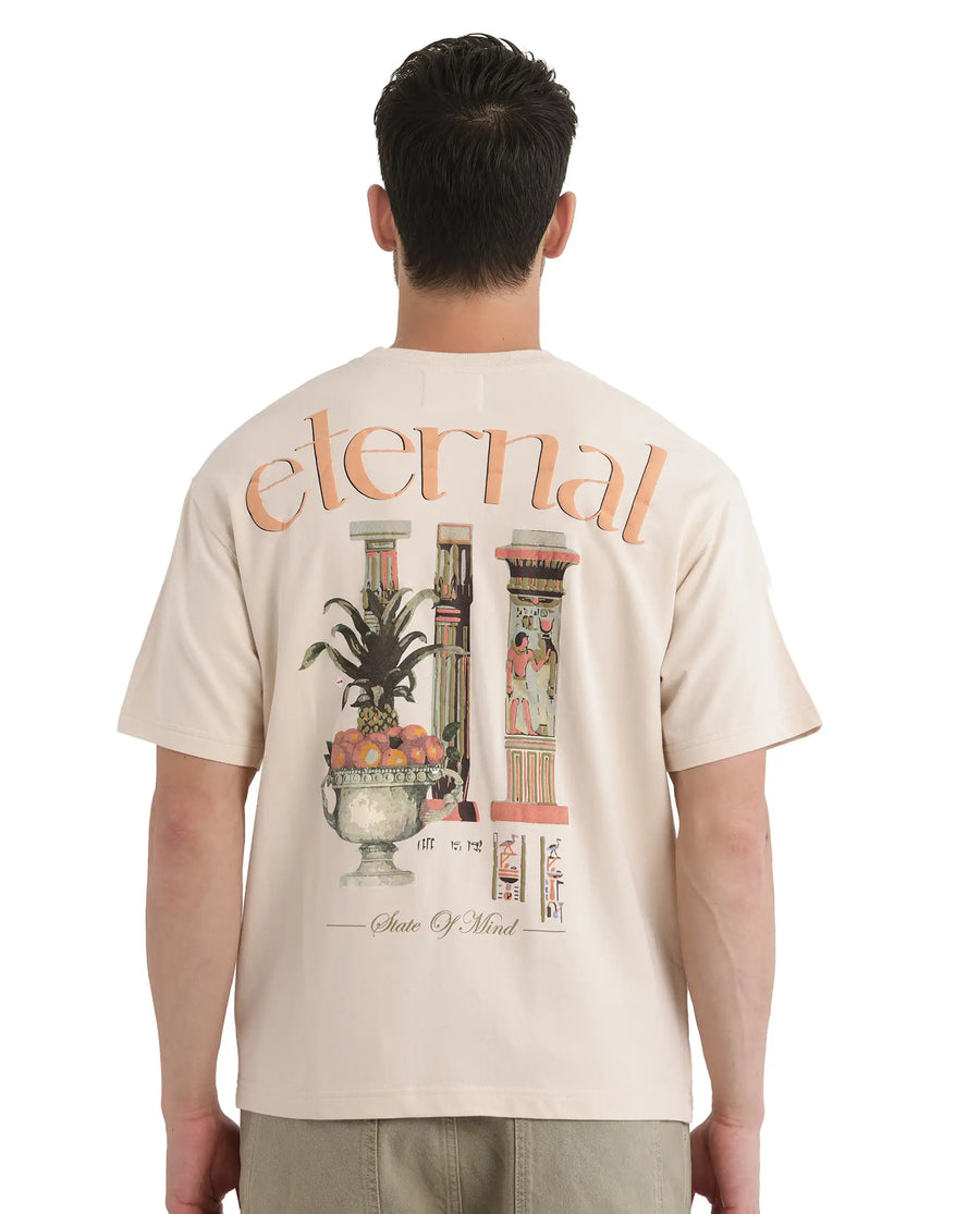 Rare Rabbit Men's Mend Beige Cotton Graphic Print Oversized Fit Half Sleeve Crew Neck T-Shirt