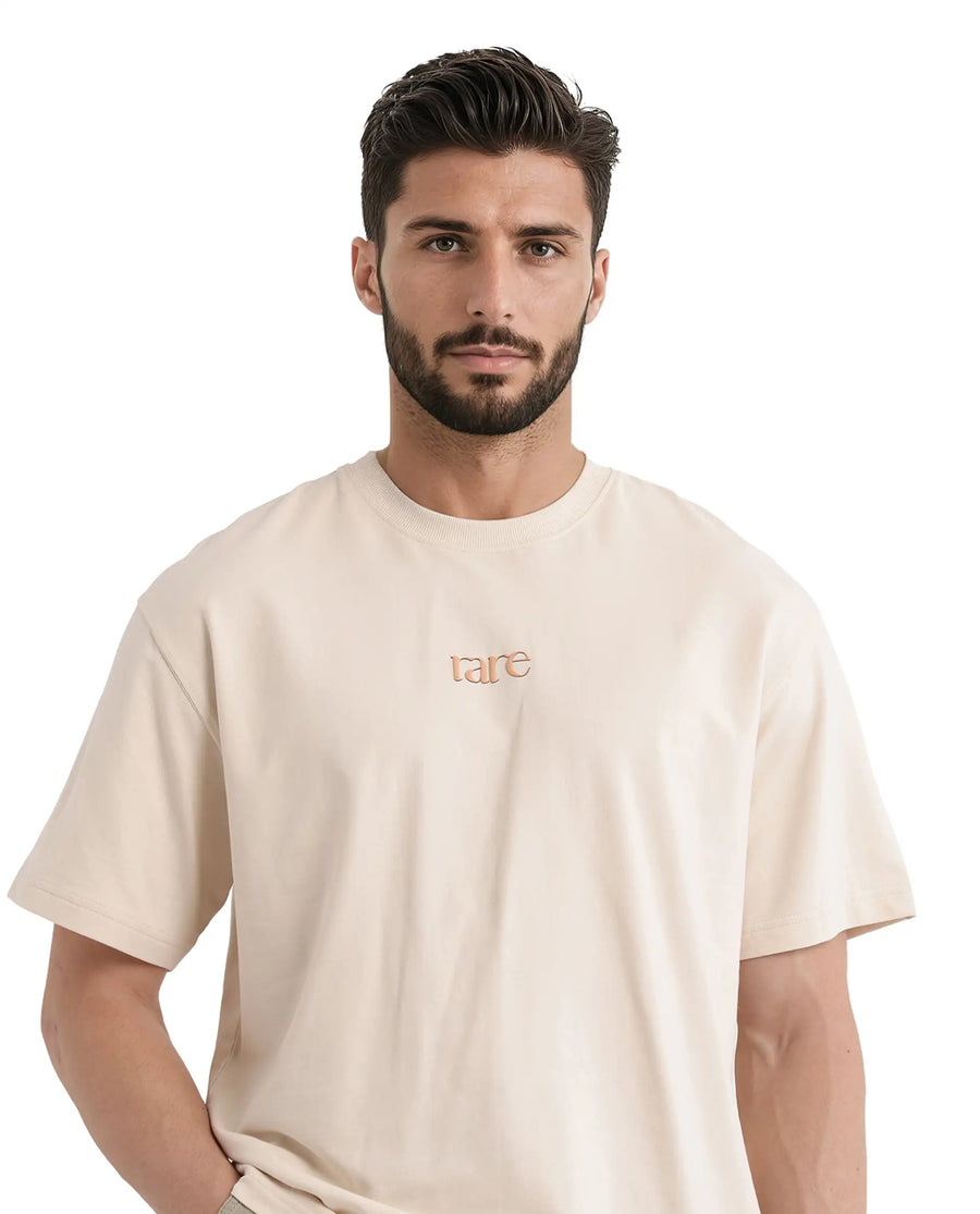 Rare Rabbit Men's Mend Beige Cotton Graphic Print Oversized Fit Half Sleeve Crew Neck T-Shirt