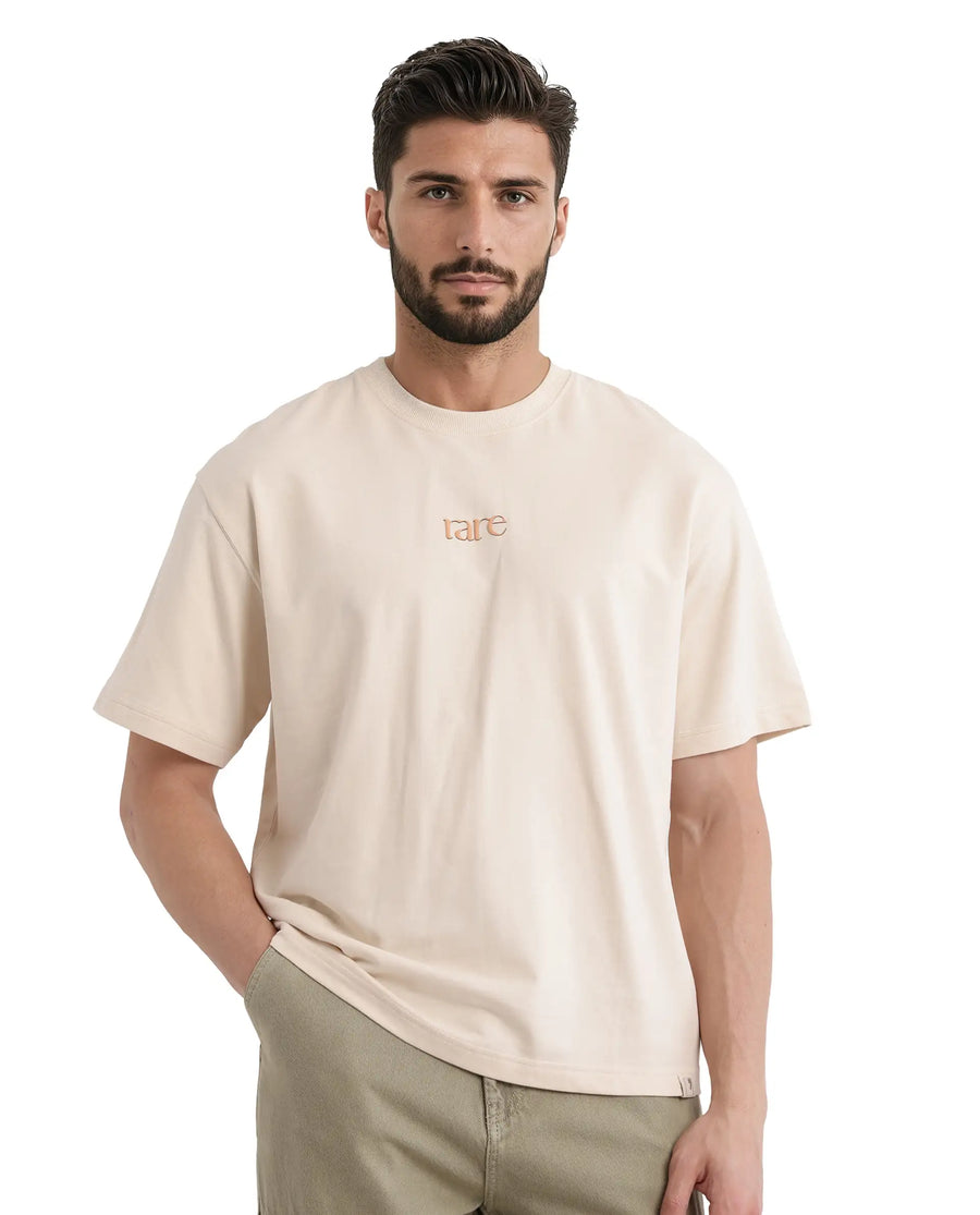 Rare Rabbit Men's Mend Beige Cotton Graphic Print Oversized Fit Half Sleeve Crew Neck T-Shirt
