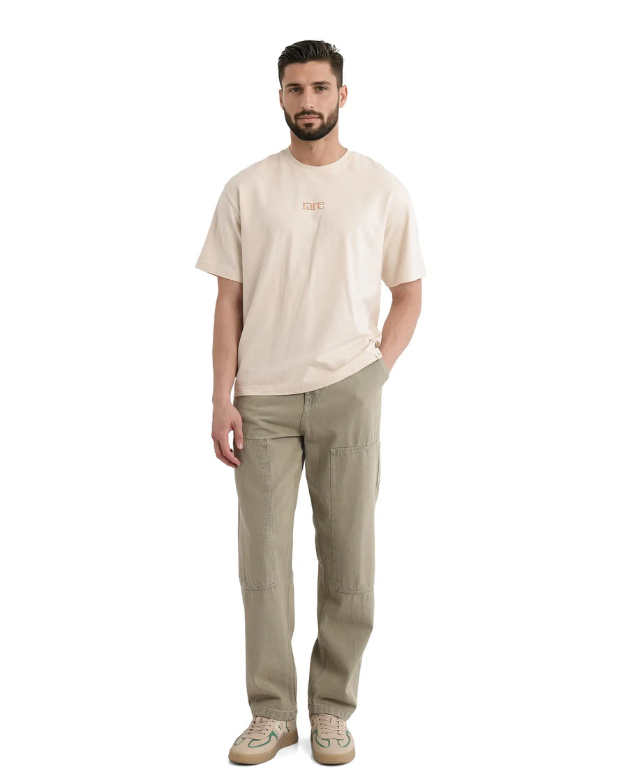 Rare Rabbit Men's Mend Beige Cotton Graphic Print Oversized Fit Half Sleeve Crew Neck T-Shirt