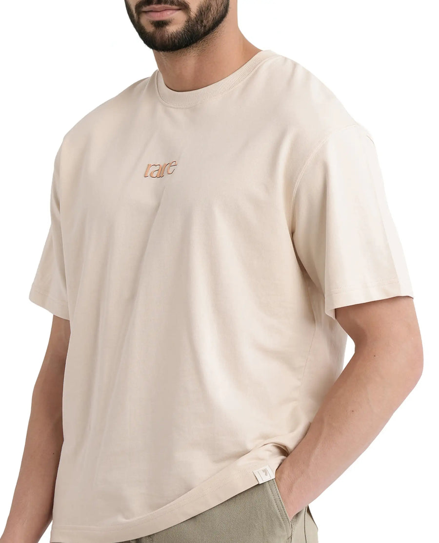 Rare Rabbit Men's Mend Beige Cotton Graphic Print Oversized Fit Half Sleeve Crew Neck T-Shirt