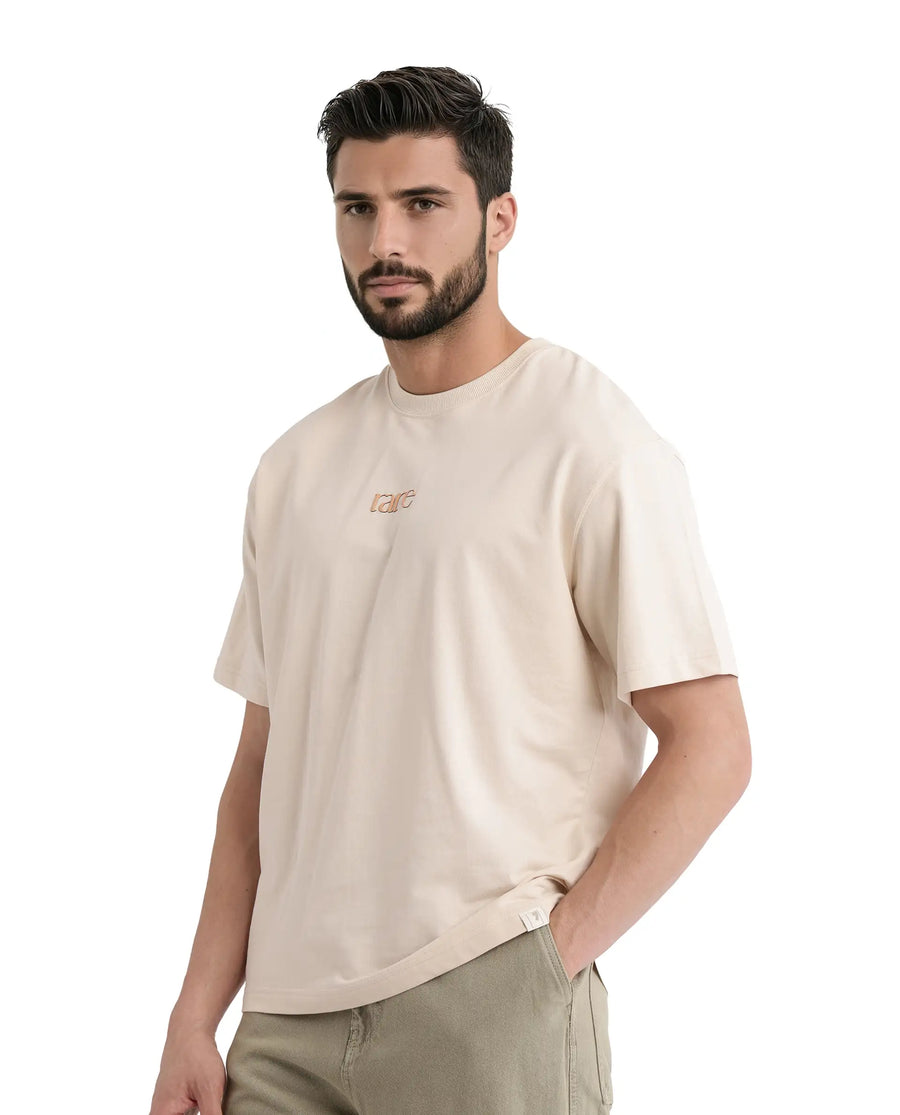 Rare Rabbit Men's Mend Beige Cotton Graphic Print Oversized Fit Half Sleeve Crew Neck T-Shirt