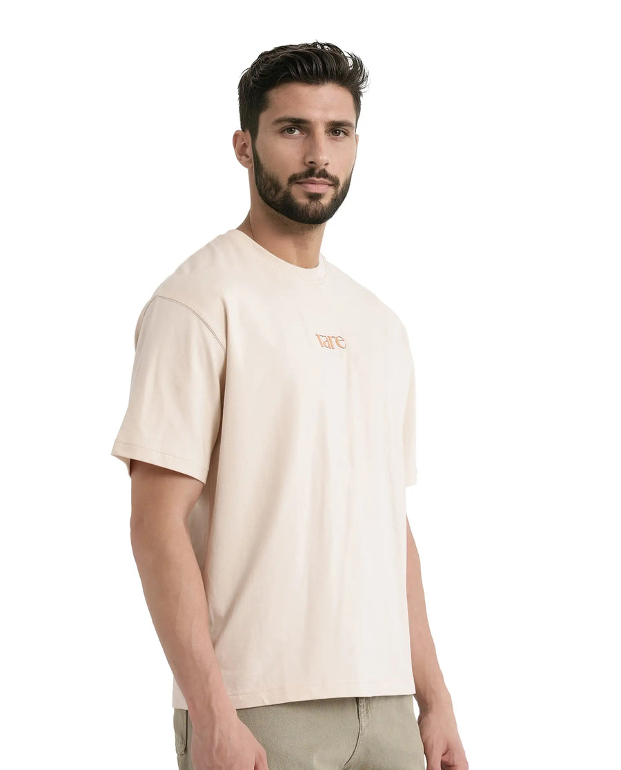 Rare Rabbit Men's Mend Beige Cotton Graphic Print Oversized Fit Half Sleeve Crew Neck T-Shirt