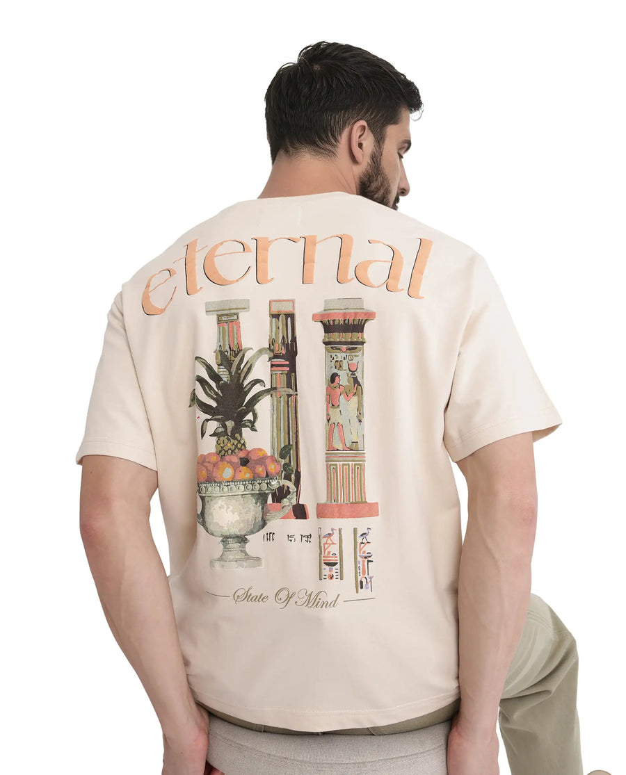 Rare Rabbit Men's Mend Beige Cotton Graphic Print Oversized Fit Half Sleeve Crew Neck T-Shirt