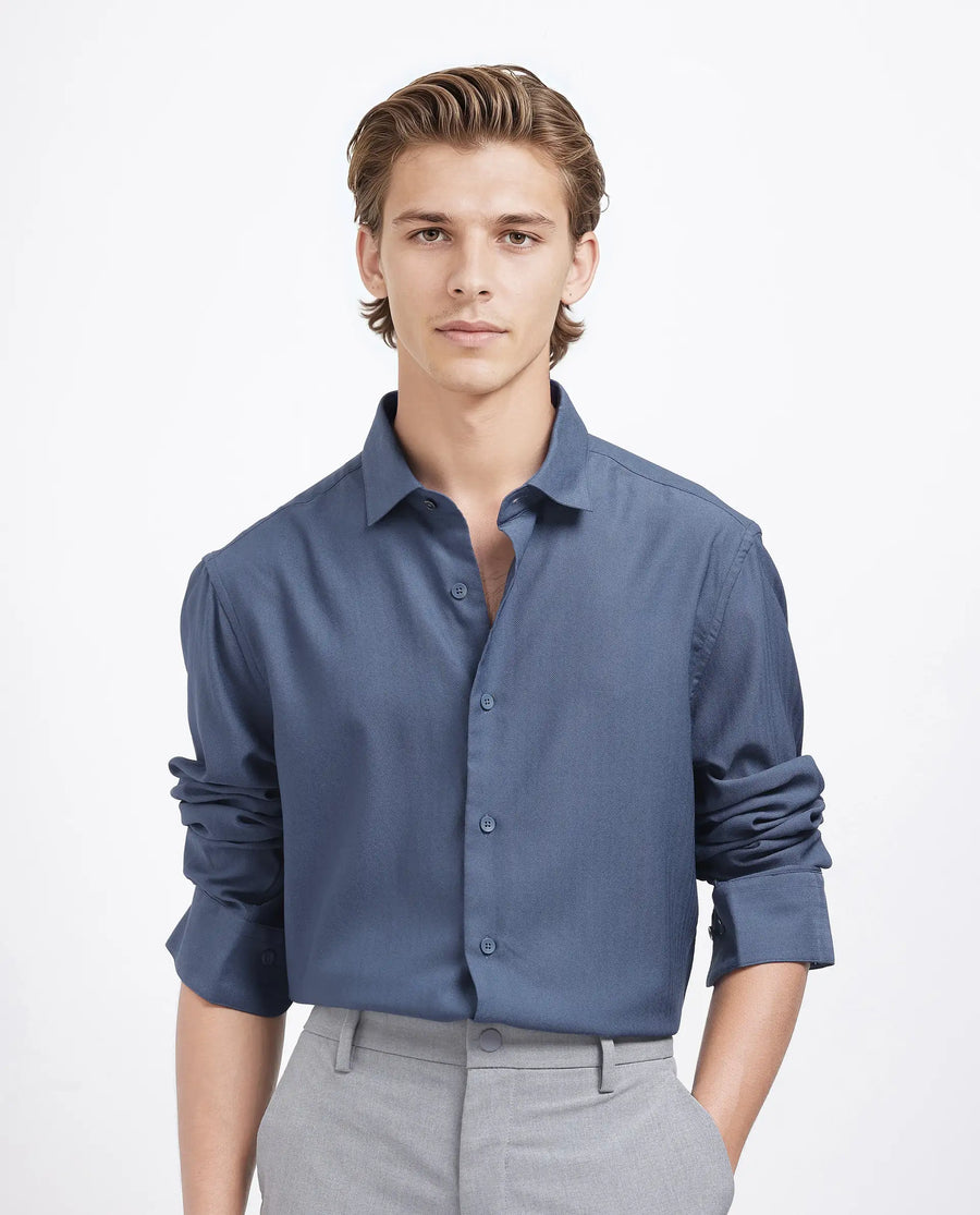 Rare Rabbit Men's Mer-25 Dusky Blue Viscose Blend Textured Regular Fit Full Sleeve Collared Shirt