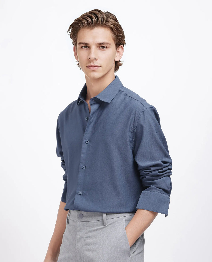 Rare Rabbit Men's Mer-25 Dusky Blue Viscose Blend Textured Regular Fit Full Sleeve Collared Shirt