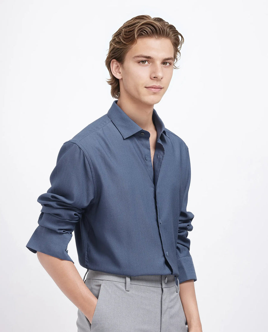 Rare Rabbit Men's Mer-25 Dusky Blue Viscose Blend Textured Regular Fit Full Sleeve Collared Shirt