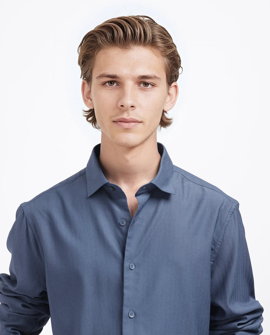 Rare Rabbit Men's Mer-25 Dusky Blue Viscose Blend Textured Regular Fit Full Sleeve Collared Shirt