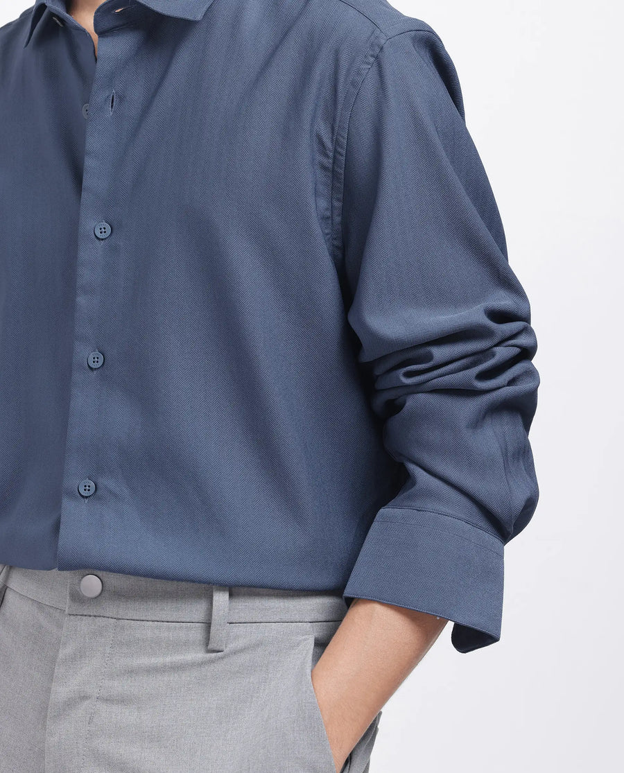 Rare Rabbit Men's Mer-25 Dusky Blue Viscose Blend Textured Regular Fit Full Sleeve Collared Shirt
