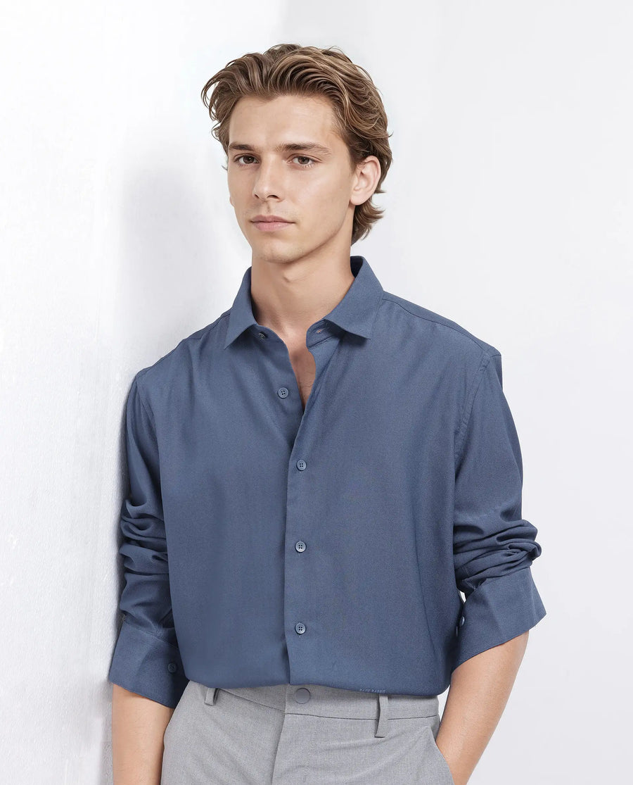 Rare Rabbit Men's Mer-25 Dusky Blue Viscose Blend Textured Regular Fit Full Sleeve Collared Shirt