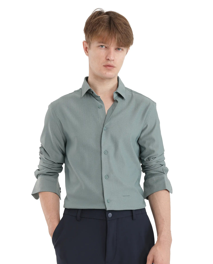 Rare Rabbit Men's Mer-25 Dusky Green Viscose Blend Textured Regular Fit Full Sleeve Collared Shirt
