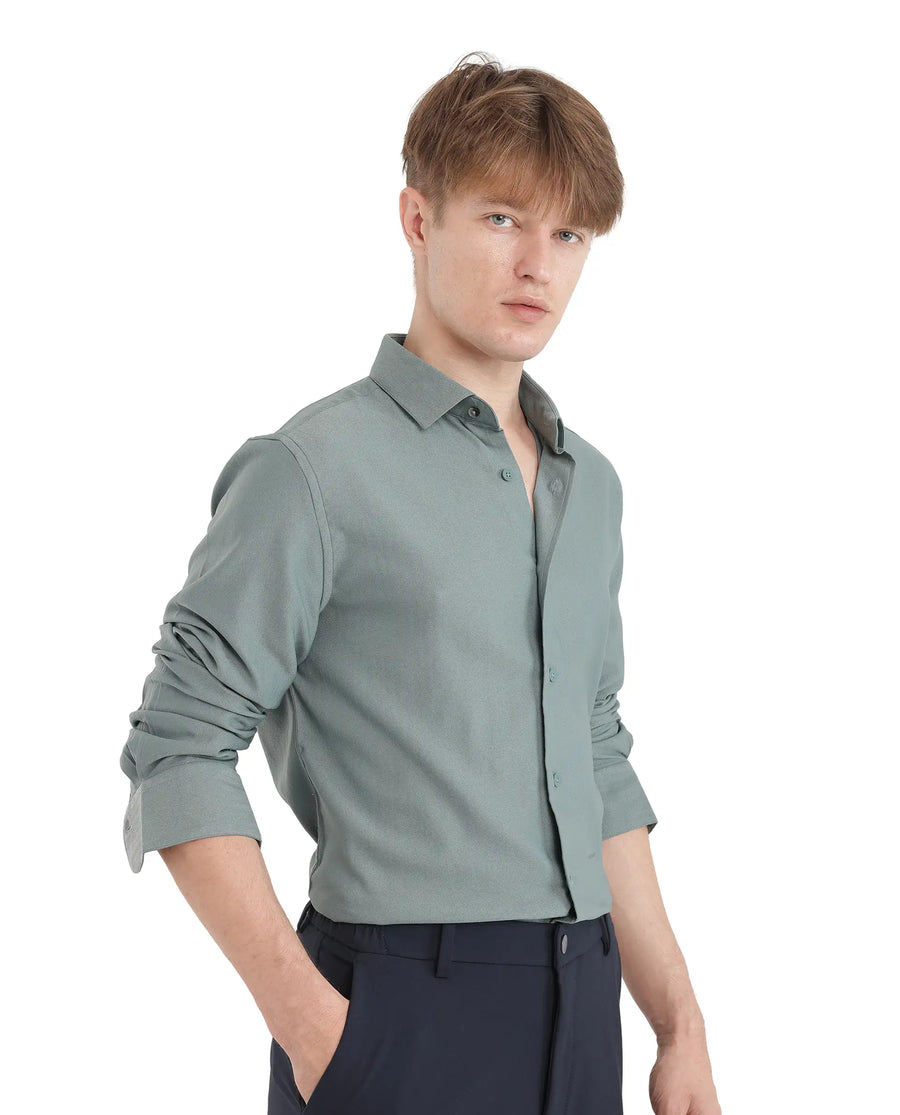 Rare Rabbit Men's Mer-25 Dusky Green Viscose Blend Textured Regular Fit Full Sleeve Collared Shirt