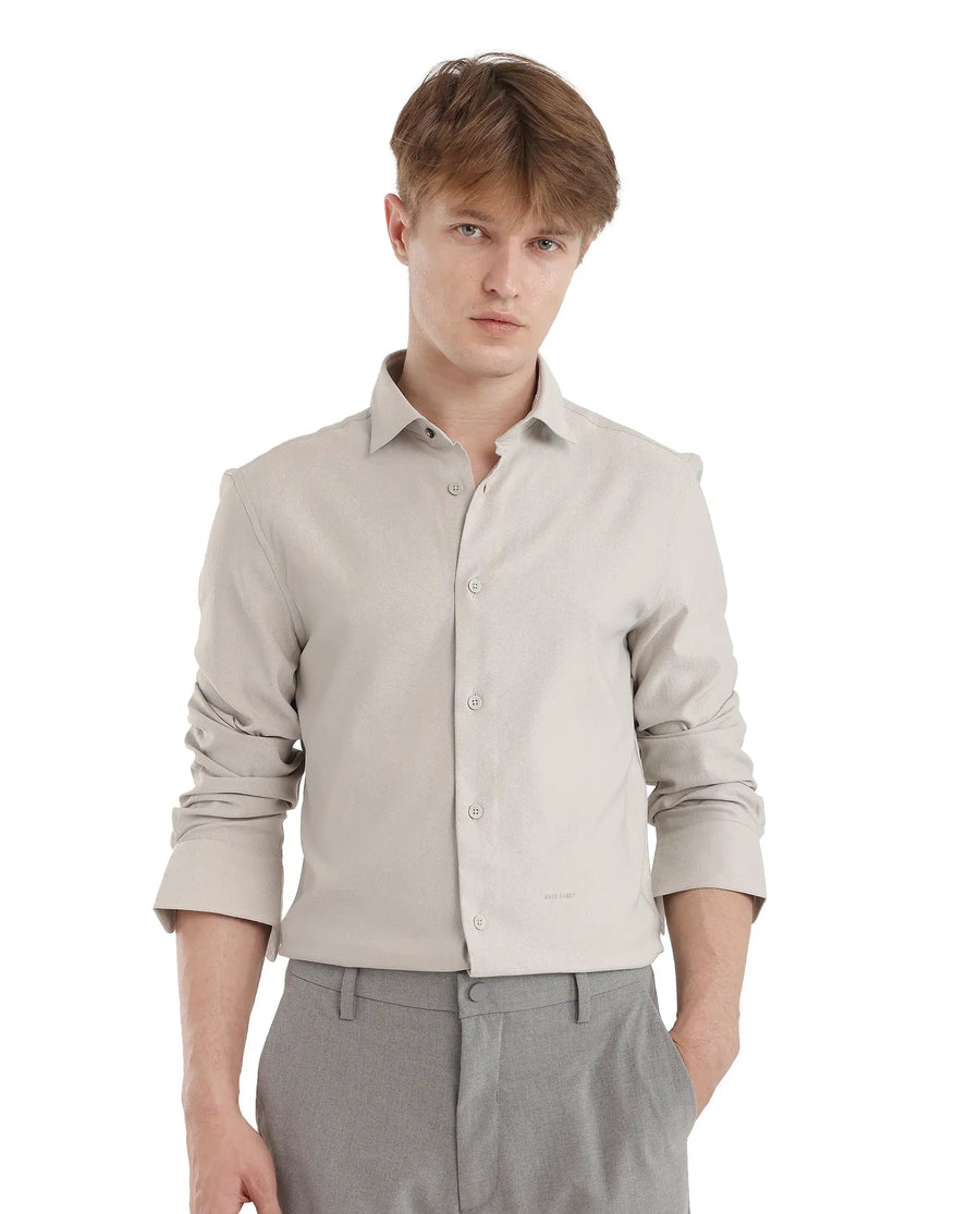 Rare Rabbit Men's Mer-25 Light Grey Viscose Blend Textured Regular Fit Full Sleeve Collared Shirt