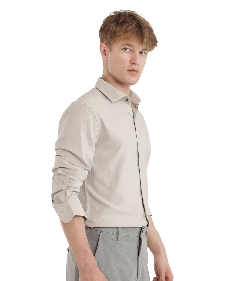 Rare Rabbit Men's Mer-25 Light Grey Viscose Blend Textured Regular Fit Full Sleeve Collared Shirt