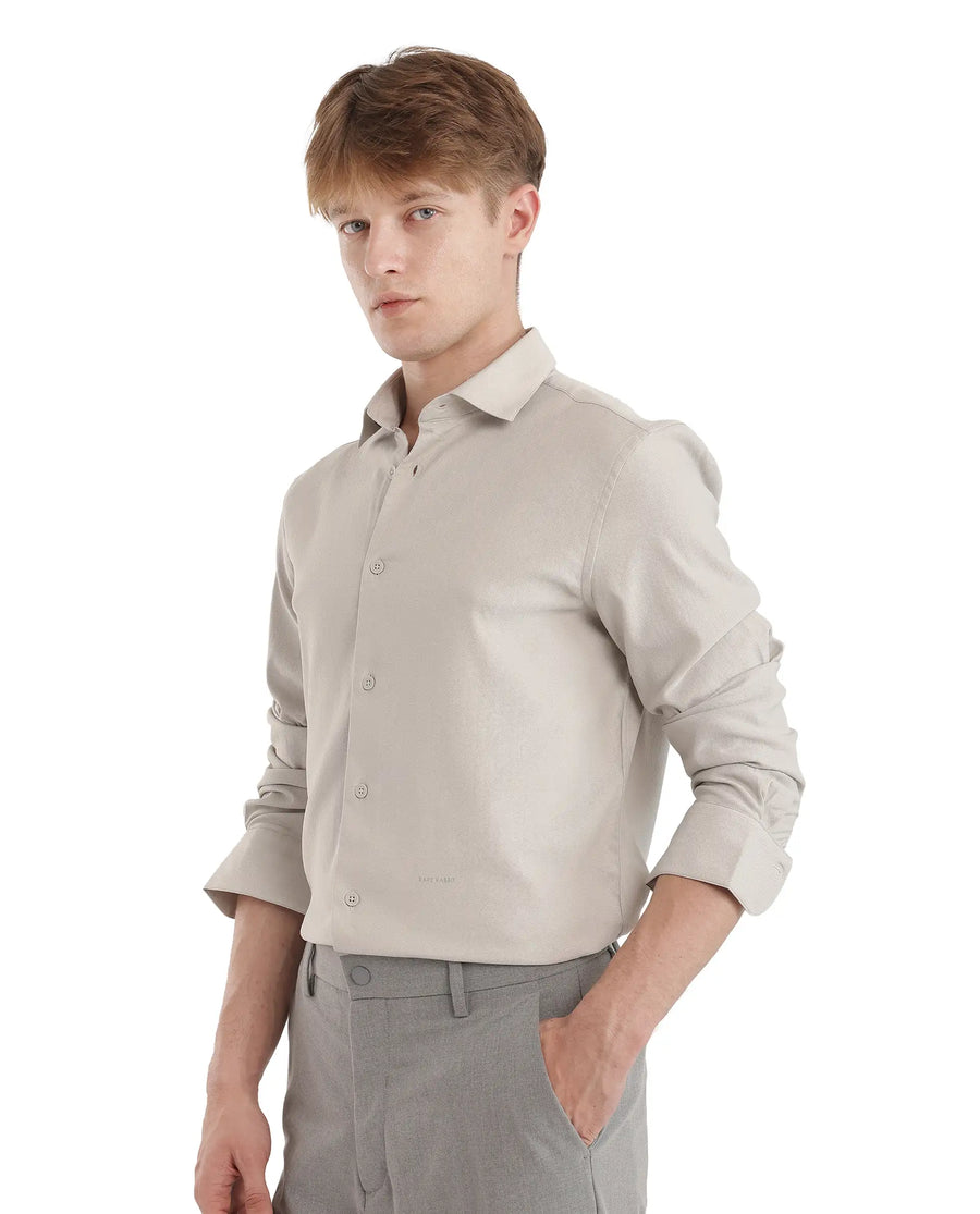Rare Rabbit Men's Mer-25 Light Grey Viscose Blend Textured Regular Fit Full Sleeve Collared Shirt