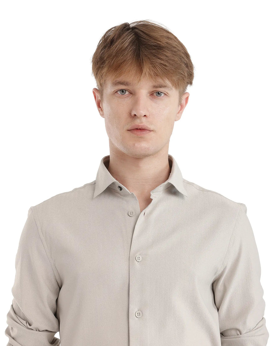 Rare Rabbit Men's Mer-25 Light Grey Viscose Blend Textured Regular Fit Full Sleeve Collared Shirt