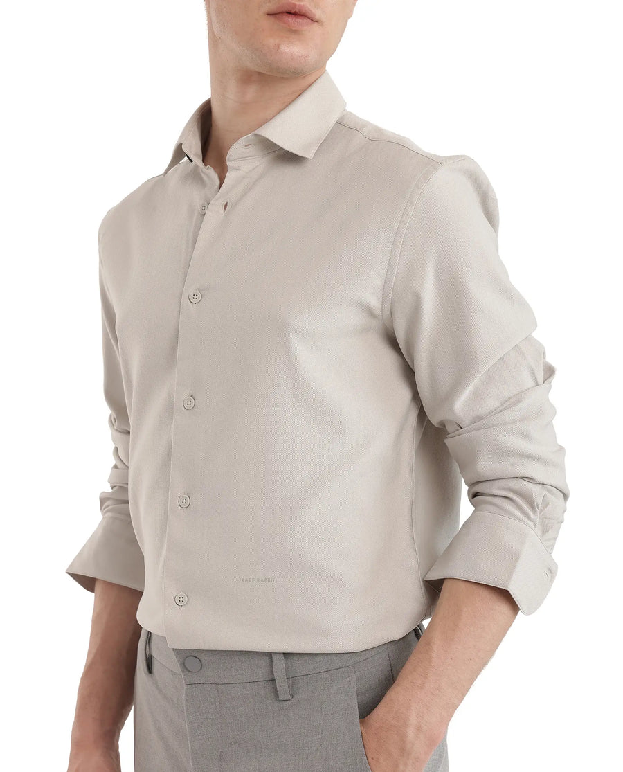 Rare Rabbit Men's Mer-25 Light Grey Viscose Blend Textured Regular Fit Full Sleeve Collared Shirt
