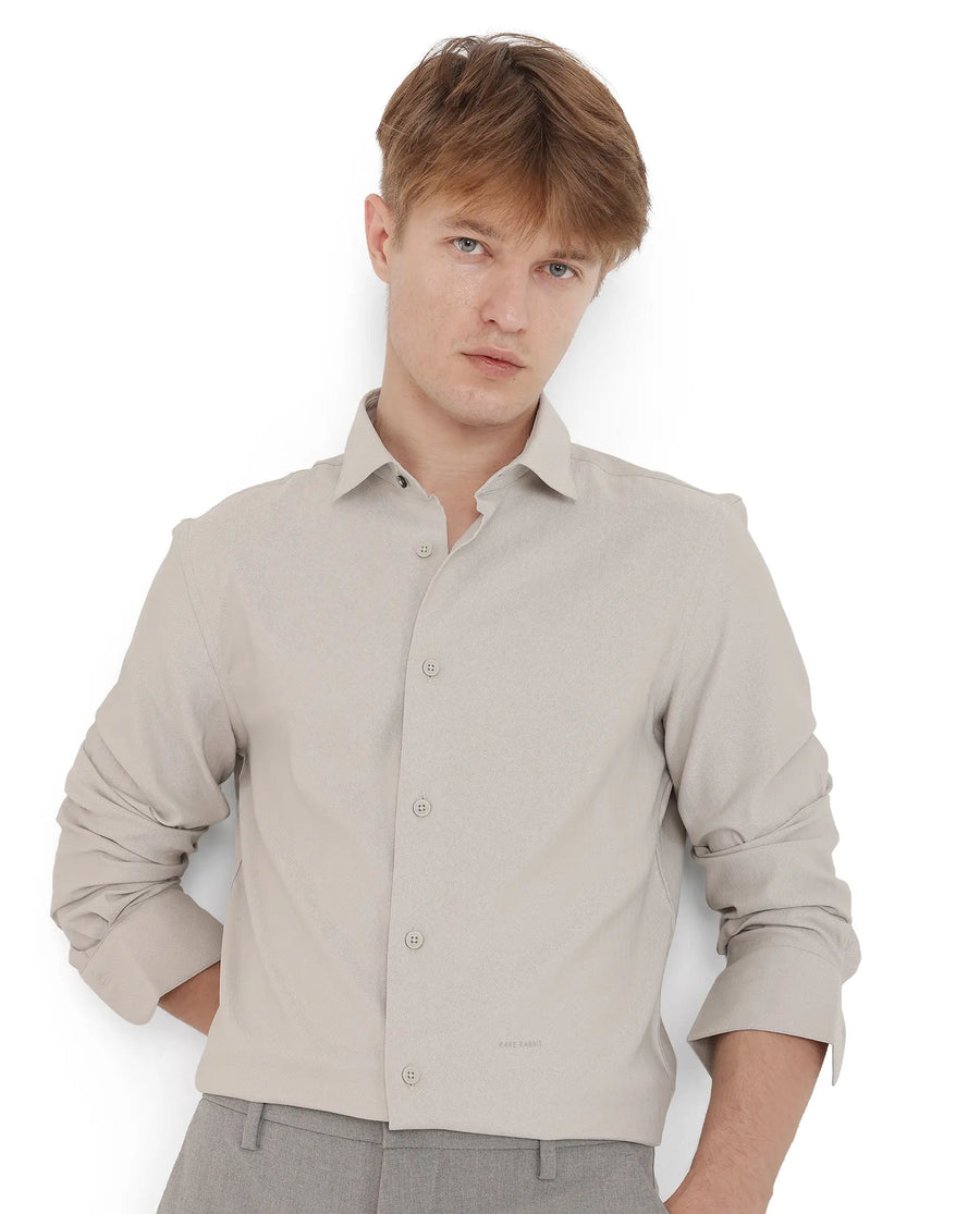 Rare Rabbit Men's Mer-25 Light Grey Viscose Blend Textured Regular Fit Full Sleeve Collared Shirt
