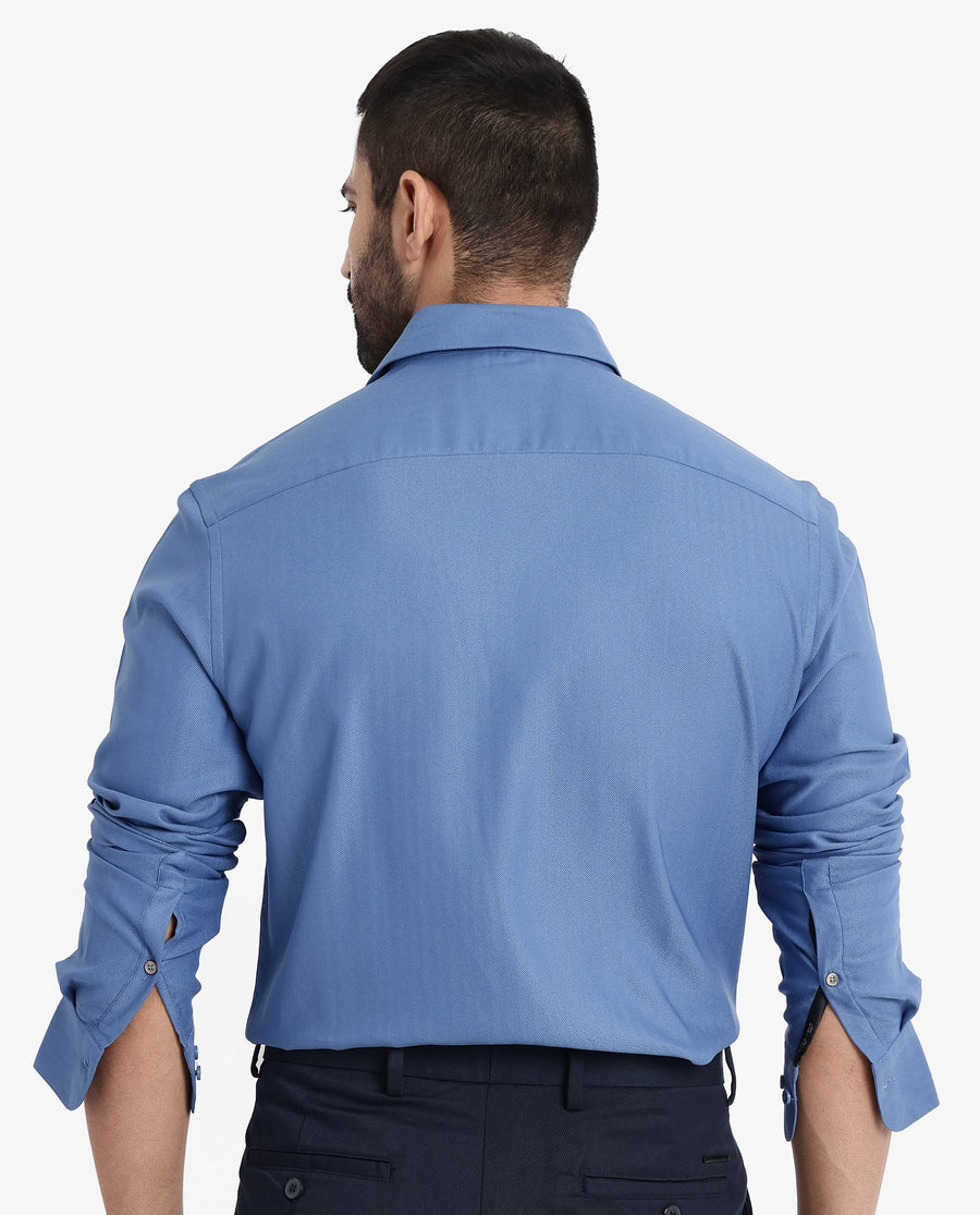 Rare Rabbit Men's Mer Blue Viscose Plain Regular Fit Full Sleeve Collared Shirt