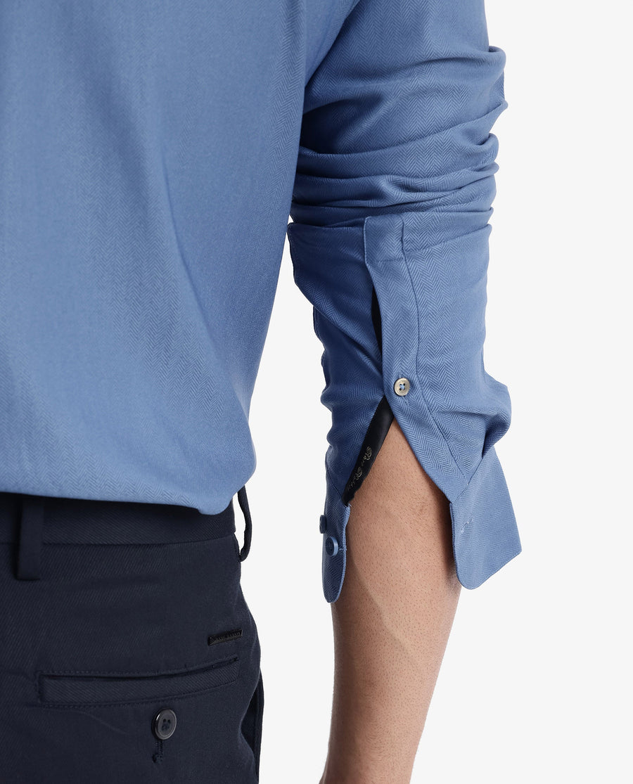 Rare Rabbit Men's Mer Blue Viscose Plain Regular Fit Full Sleeve Collared Shirt