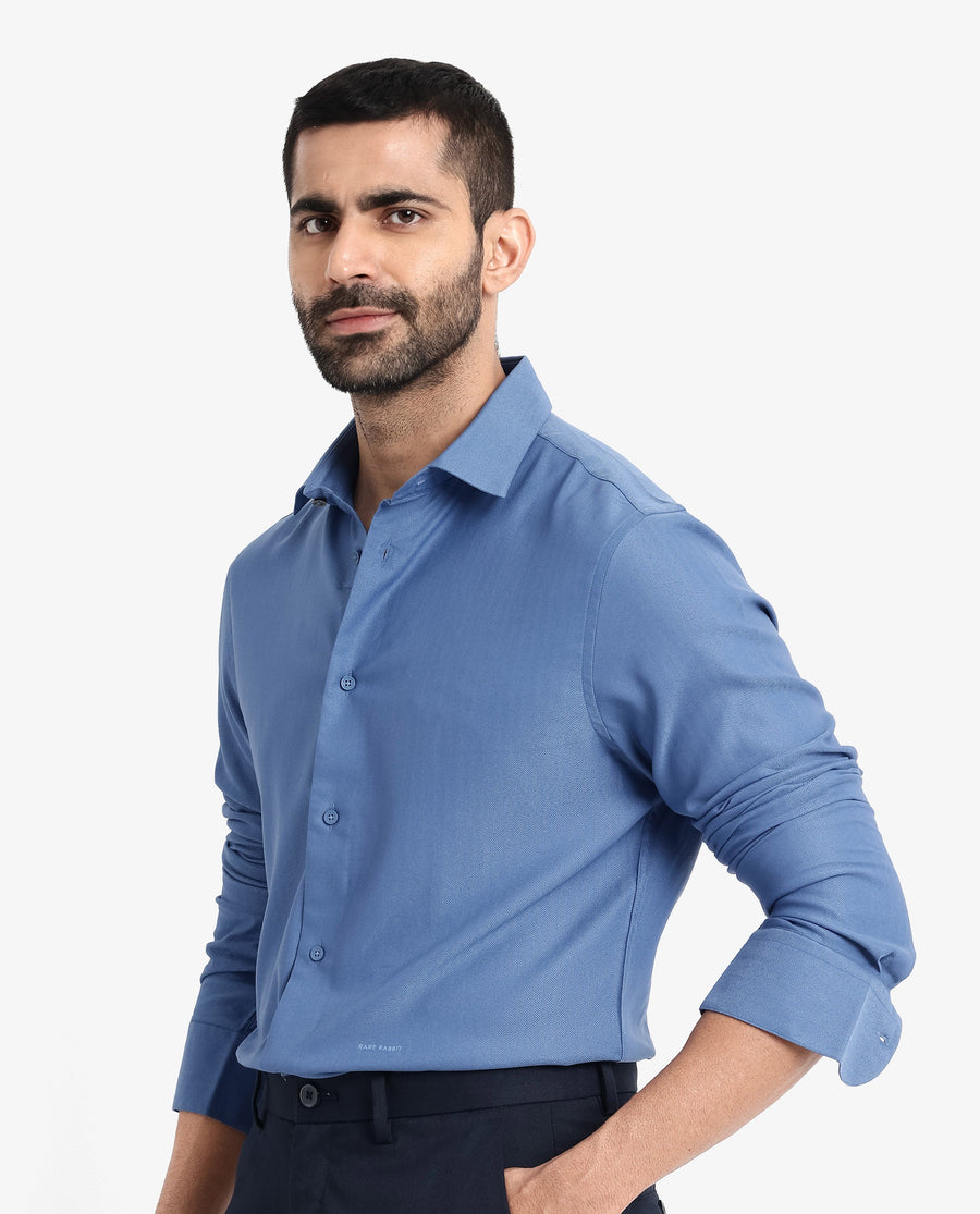 Rare Rabbit Men's Mer Blue Viscose Plain Regular Fit Full Sleeve Collared Shirt