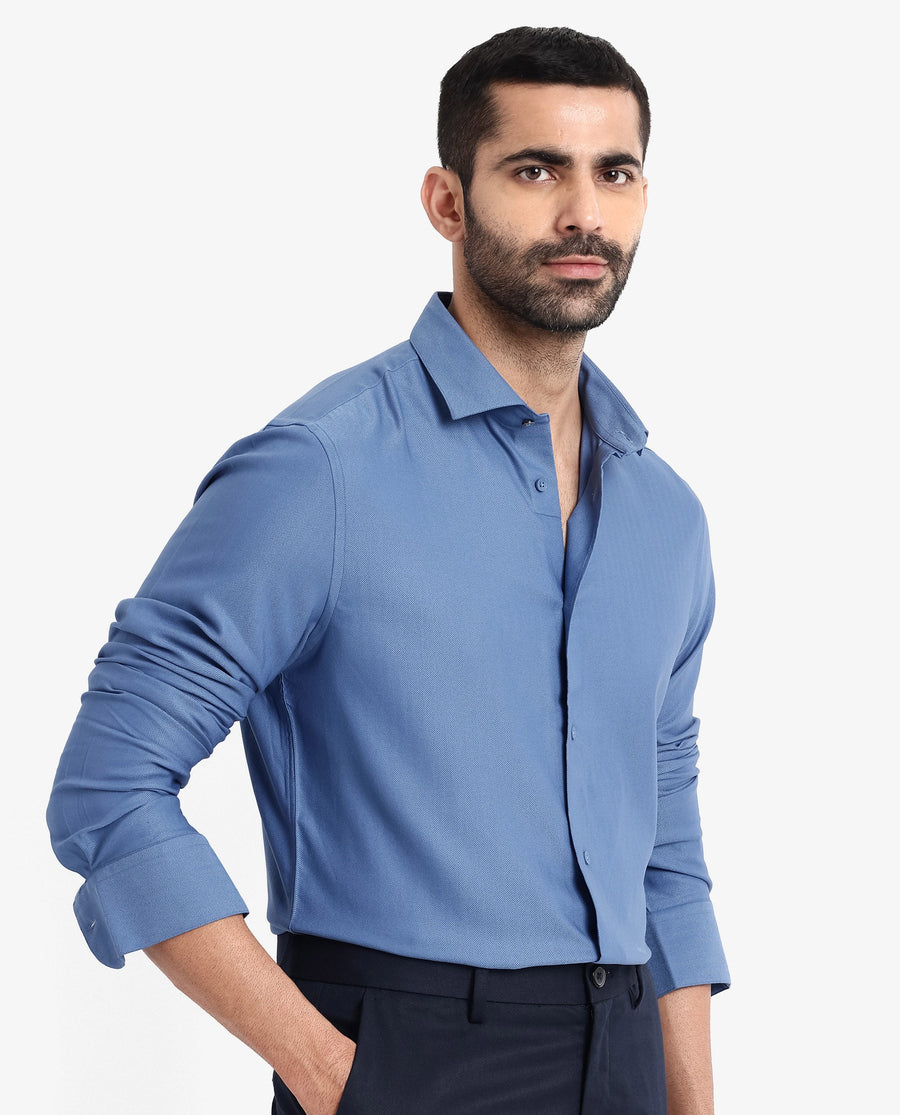 Rare Rabbit Men's Mer Blue Viscose Plain Regular Fit Full Sleeve Collared Shirt
