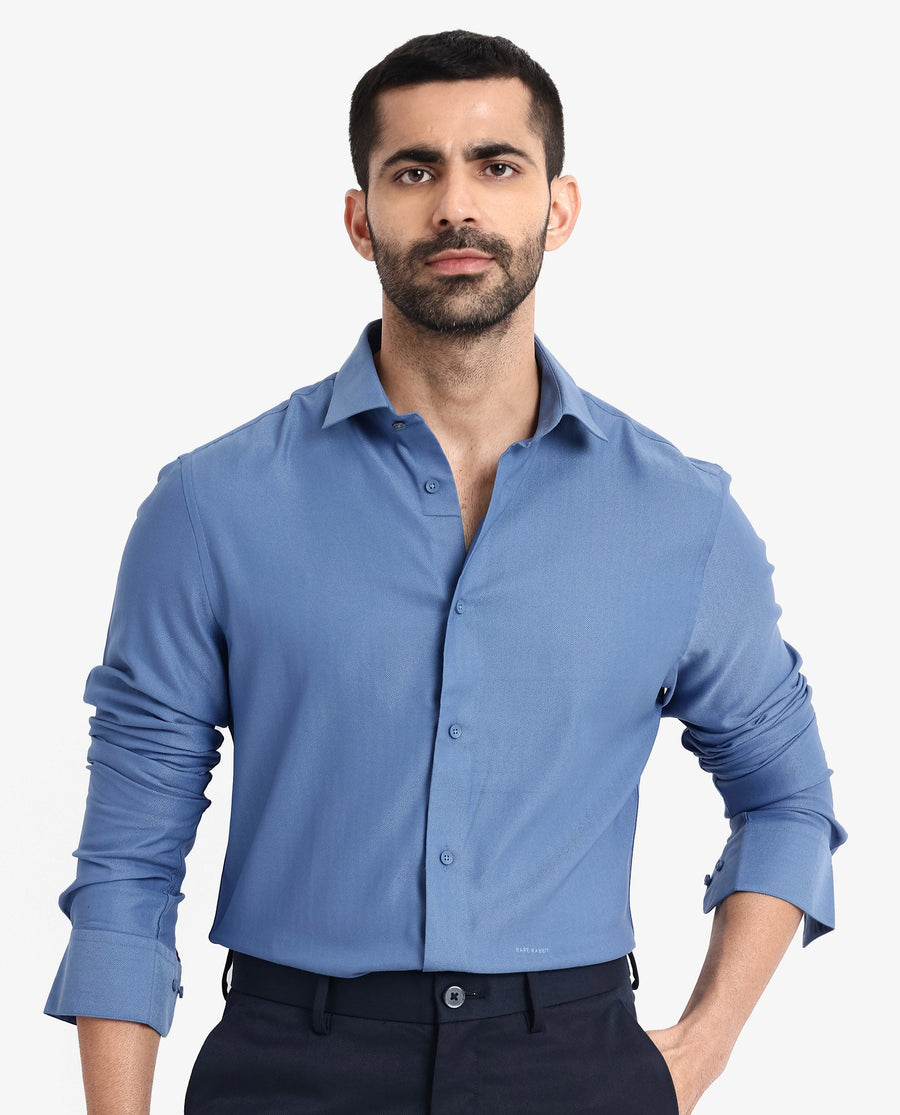 Rare Rabbit Men's Mer Blue Viscose Plain Regular Fit Full Sleeve Collared Shirt