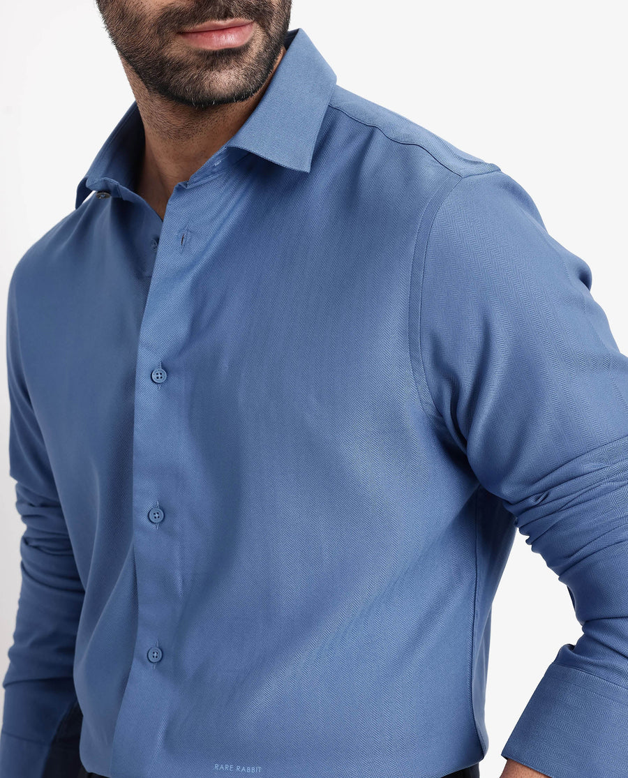 Rare Rabbit Men's Mer Blue Viscose Plain Regular Fit Full Sleeve Collared Shirt