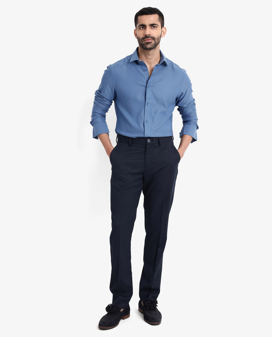 Rare Rabbit Men's Mer Blue Viscose Plain Regular Fit Full Sleeve Collared Shirt