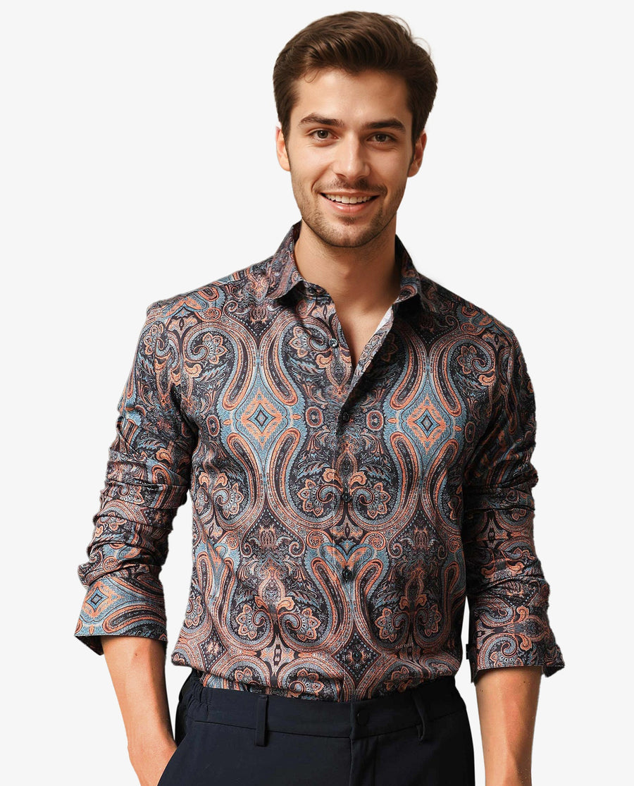 Rare Rabbit Men's Merger Navy Cotton Paisley Print Regular Fit Full Sleeve Collared Shirt