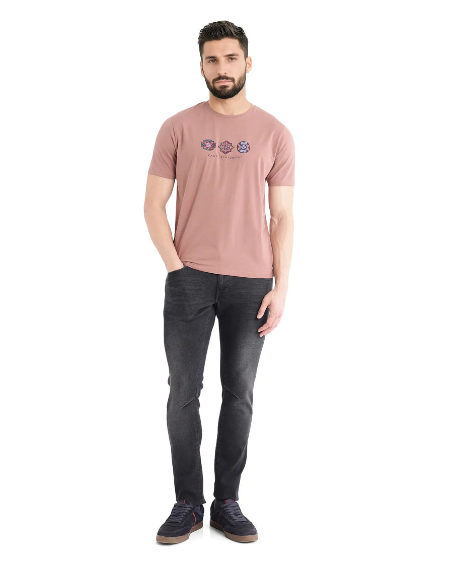 Rare Rabbit Men's Merlo Dusky Brown Cotton Blend Graphic Print Regular Fit Half Sleeve Crew Neck T-Shirt